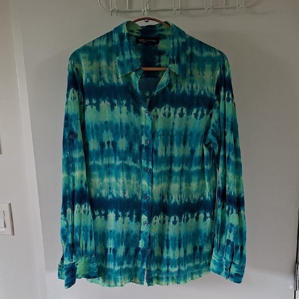 Jones New York Women's Blue & Green Tie-Dye Button-Up Relaxed Fit Shirt (Size L)